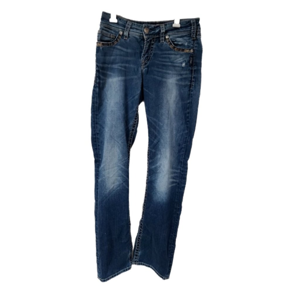 Silver Suki Fluid 28x32 Mid Slim Bootcut Distressed Flap Pocket Jeans